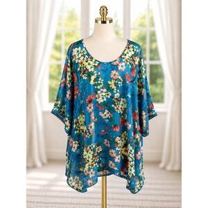 Lands End Swim Beach Cover Up Kimono Tunic Dress Oversized XS Boho Pom Pom Trim